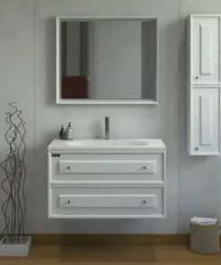 روشویی پی وی سی 3075 از برند آلکا تک رنگ به همراه آینه و باکس و کابینت